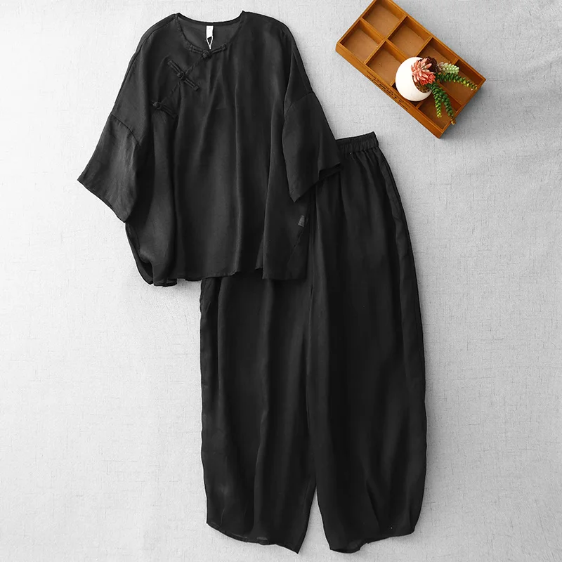 Vintage Solid Pants Set Women Loose Ramie Summer 2 Piece Sets Elastic Waist Wide Leg Trousers Frog Button Shirt
Vintage Solid Pants Set Women Loose Ramie Summer 2 Piece Sets Elastic Waist Wide Leg Trousers Frog Button Shirt