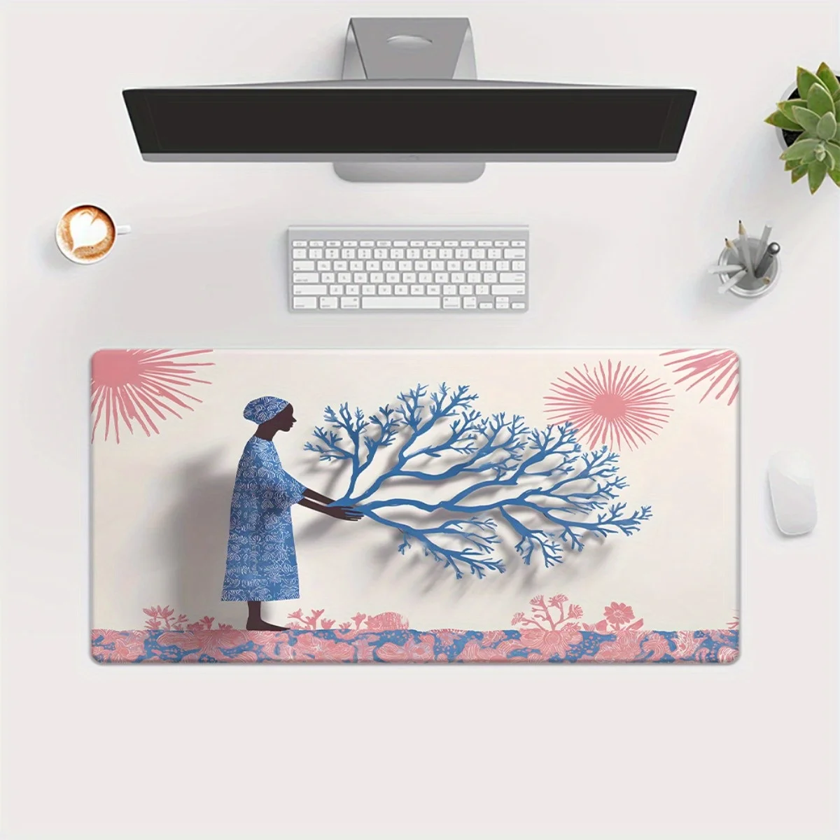 Coral Tree Woman Desk Mat Large Gaming Mouse Pad Non-Slip Rubber Base Office Workspace Mat