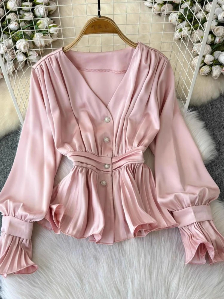 Spring Female Slim Shirts V Neck Flare Sleeve Tops Solid Color Pleated Single Breasted Blouses Fashion Elegant Women's Clothing
Spring Female Slim Shirts V Neck Flare Sleeve Tops Solid Color Pleated Single Breasted Blouses Fashion Elegant Women's Clothing