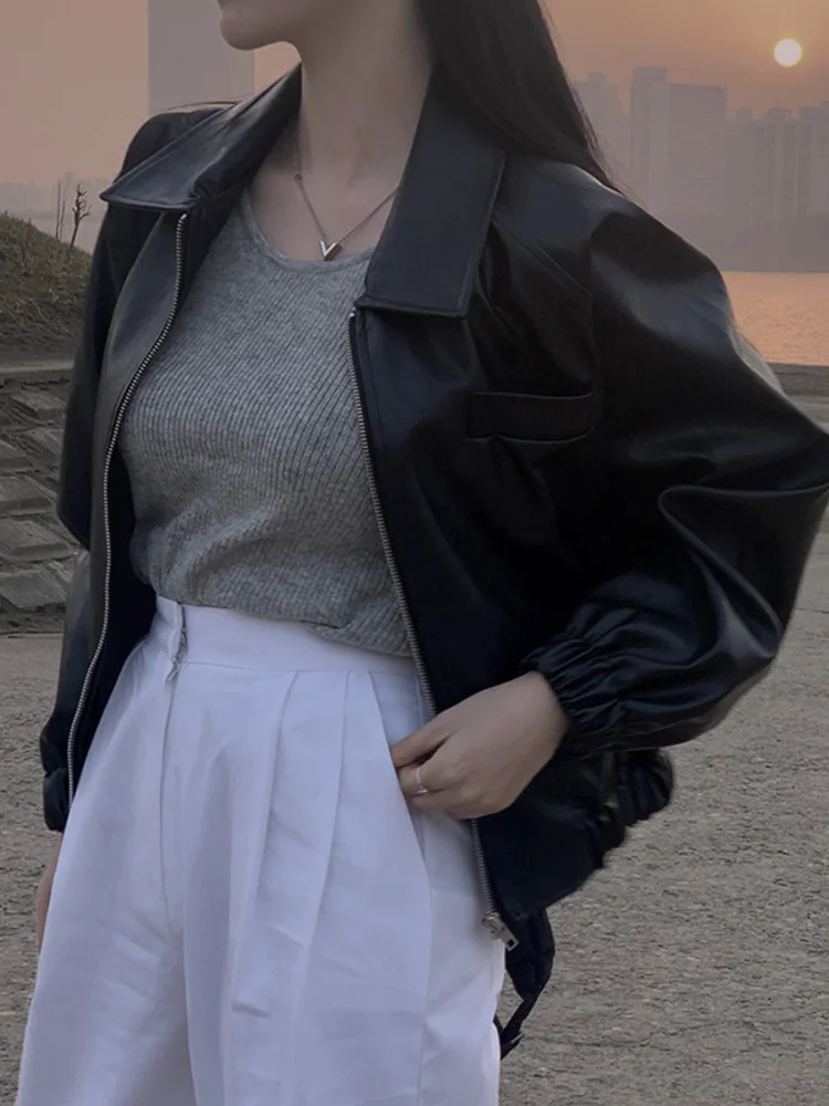 Black Tops Short PU Leather Jacket For Women Long Sleeve Loose Apricot Coats Laple Jackets 2023 Spring Autumn Overcoats M972
Black Tops Short PU Leather Jacket For Women Long Sleeve Loose Apricot Coats Laple Jackets 2023 Spring Autumn Overcoats M972