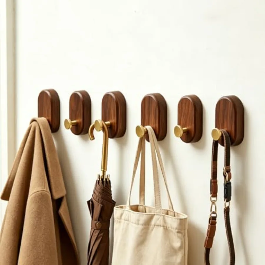 Wood Coat Hooks Wall Mount - Modern Walnut Coat Hook with Brass Accent for Hanging Clothes, Keys, Purse, Robes, Towel, Backpack
Wood Coat Hooks Wall Mount - Modern Walnut Coat Hook with Brass Accent for Hanging Clothes, Keys, Purse, Robes, Towel, Backpack