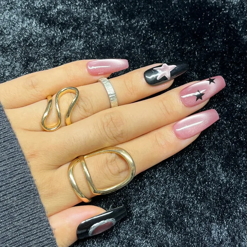 10PCS Sweet Cool Press on Nails Long Coffin Pink Black Star with Metallic Geometric Details Modern Fake Nails Handmade for Women
10PCS Sweet Cool Press on Nails Long Coffin Pink Black Star with Metallic Geometric Details Modern Fake Nails Handmade for Women