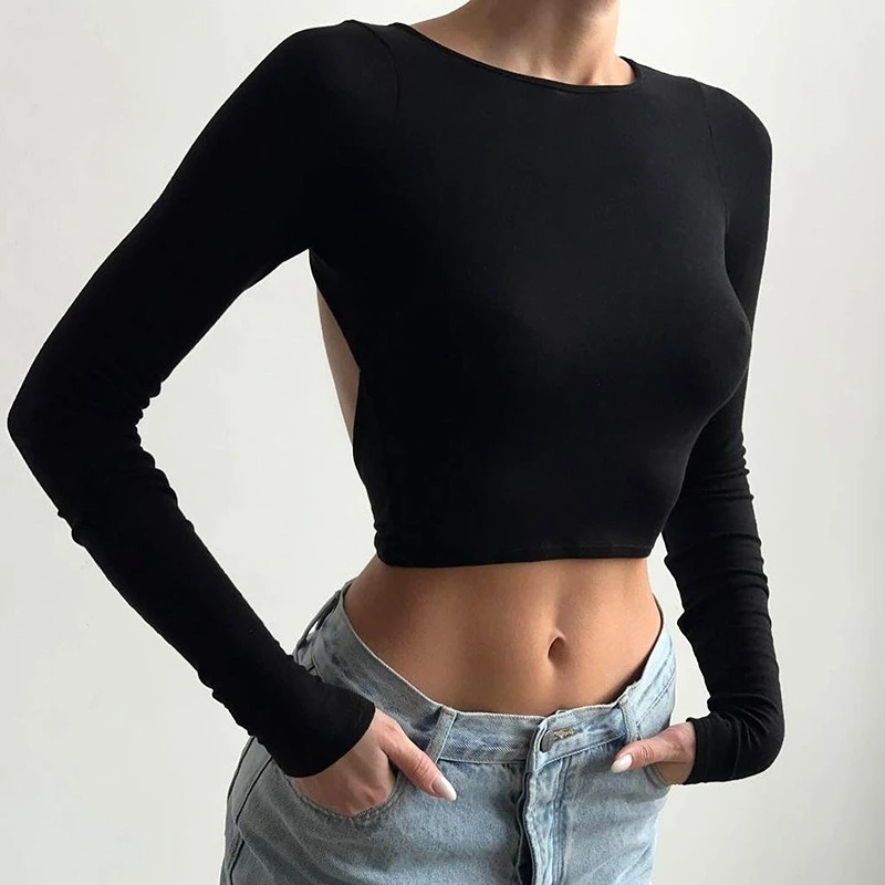 Sexy Spice Girl Fashion Solid Color Round Neck Long Sleeve Backless Slim Women's Short T-shirt Top
Sexy Spice Girl Fashion Solid Color Round Neck Long Sleeve Backless Slim Women's Short T-shirt Top