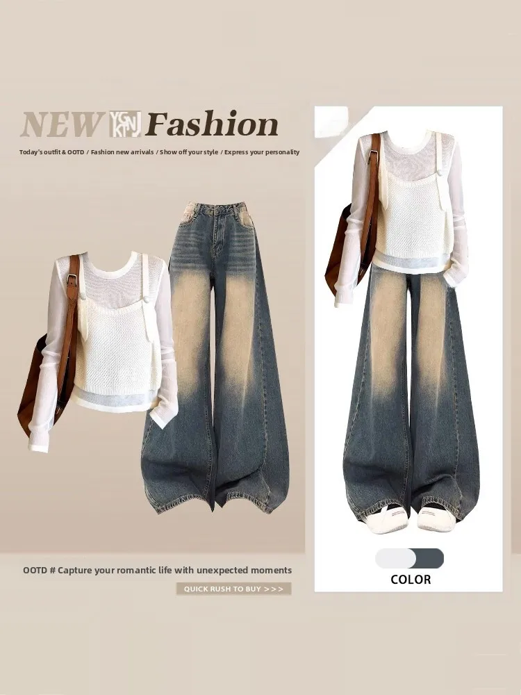 Summer Design White Splice Long Sleeve T-Shirt Women's Gentle Wide Leg Jeans Two-Piece Set High Waist Belt Design Loose Fit
Summer Design White Splice Long Sleeve T-Shirt Women's Gentle Wide Leg Jeans Two-Piece Set High Waist Belt Design Loose Fit