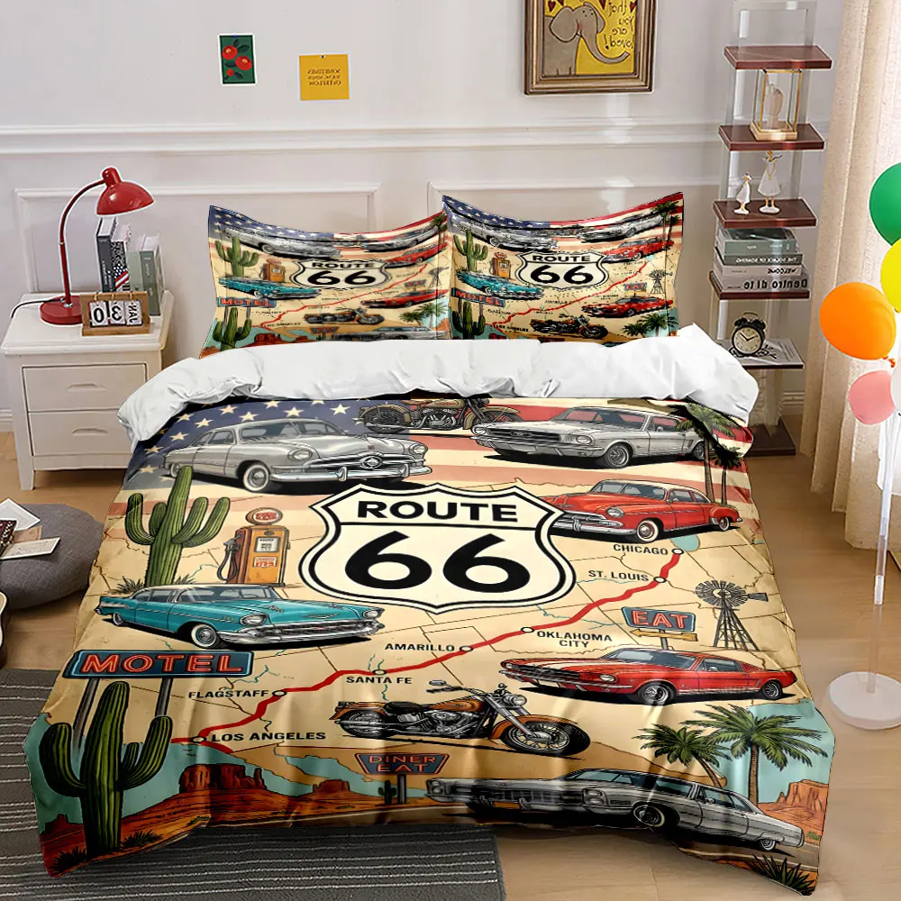 Classic Route 66 Vintage Car Journey Pattern Duvet Cover Set Digital Print Colorful Polyester Bedding with Zipper Closur
Classic Route 66 Vintage Car Journey Pattern Duvet Cover Set Digital Print Colorful Polyester Bedding with Zipper Closur