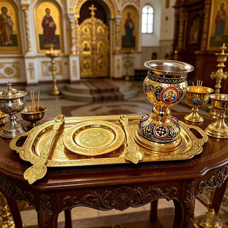 Gold Plated Orthodox Communion Chalice Set with Paten and Spoon Enamel Icon for Christian Church Liturgy Eucharist Ceremonies
Gold Plated Orthodox Communion Chalice Set with Paten and Spoon Enamel Icon for Christian Church Liturgy Eucharist Ceremonies