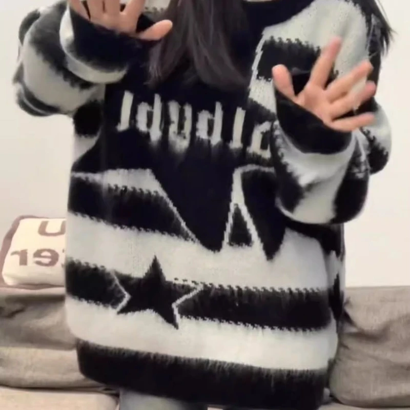 Полосатый свитер из норки со звездами для женщин, свободный и толстый свитер ленивой вязки 
Полосатый свитер из норки со звездами для женщин, свободный и толстый свитер ленивой вязки