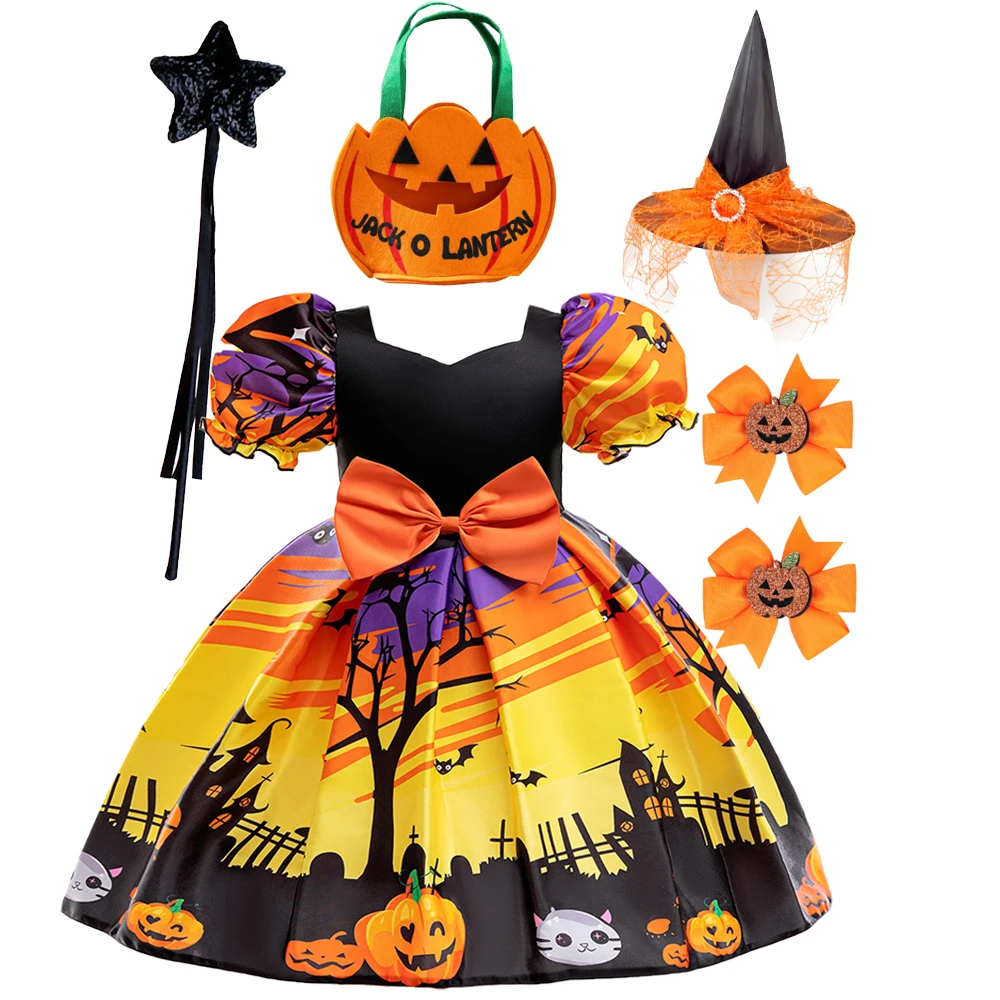 (Dress + all accessories) Girls' role-playing dress with small bat pumpkin print princess dress for Halloween party
(Dress + all accessories) Girls' role-playing dress with small bat pumpkin print princess dress for Halloween party