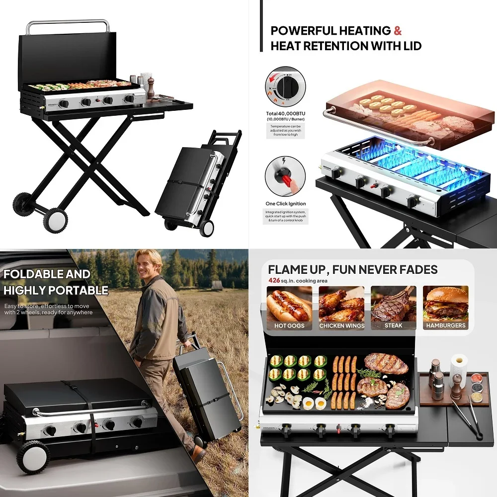 4 Burner Foldable Propane Griddle with Wheels, Enameled Tray amp Lid, 40000 BTU Portable Rolling Flat Top Gas Grill with Electr
4 Burner Foldable Propane Griddle with Wheels, Enameled Tray amp Lid, 40000 BTU Portable Rolling Flat Top Gas Grill with Electr