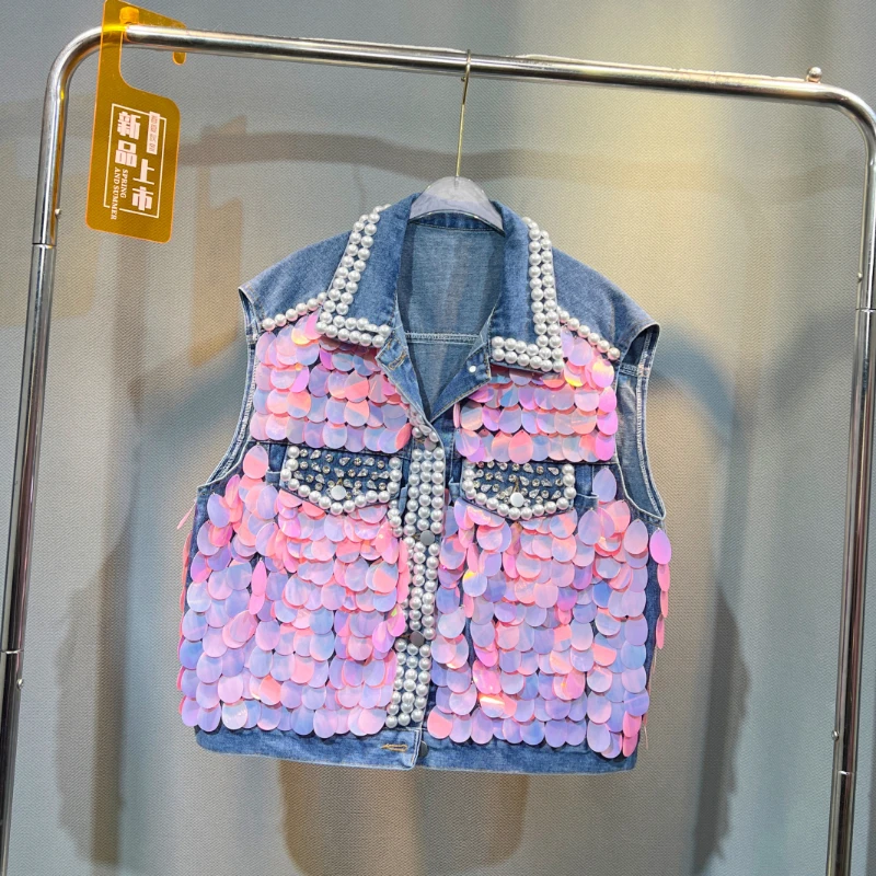 Trendy 2024 New Summer Women Sleeveless Denim Jacket Luxury Diamonds Sequins Beads Single-breasted Loose Vest Coat Streetwear
Trendy 2024 New Summer Women Sleeveless Denim Jacket Luxury Diamonds Sequins Beads Single-breasted Loose Vest Coat Streetwear