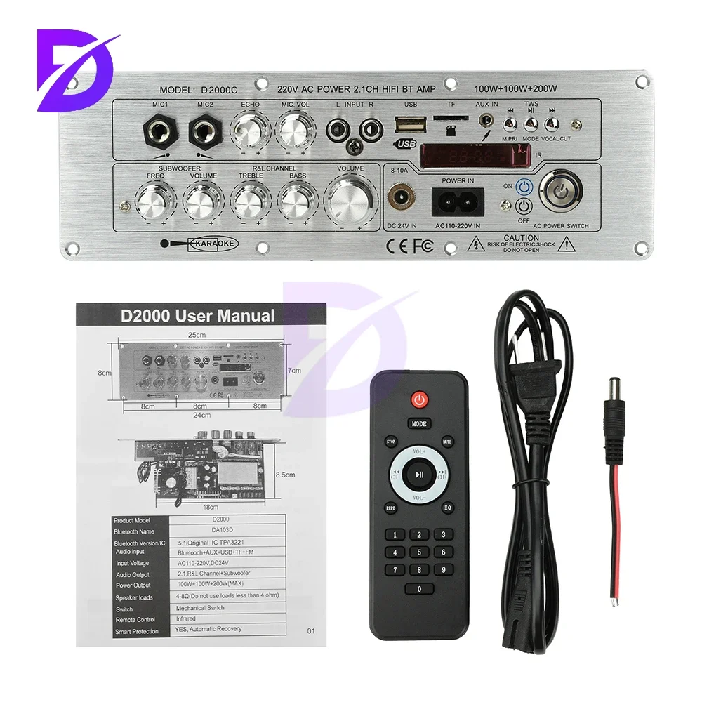DC 24V/AC110-20V D2000 BT Amplifier Board 2.1 Channel 100W+100W+200W High-Power Output Audio Amplifier Board
DC 24V/AC110-20V D2000 BT Amplifier Board 2.1 Channel 100W+100W+200W High-Power Output Audio Amplifier Board