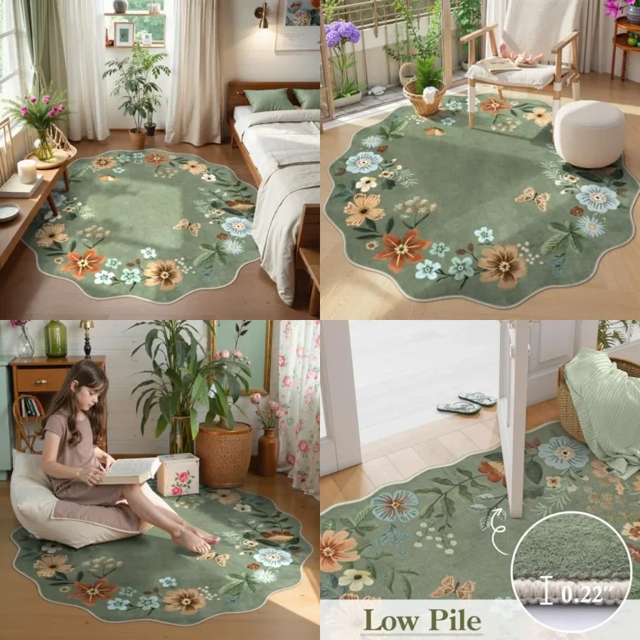 Floral Washable Round Rugs, Non-Slip Soft Round Rug 4Feet Ultra-Thin, Small Boho Circle Carpet for Entryway Kitchen Bedroom Nur