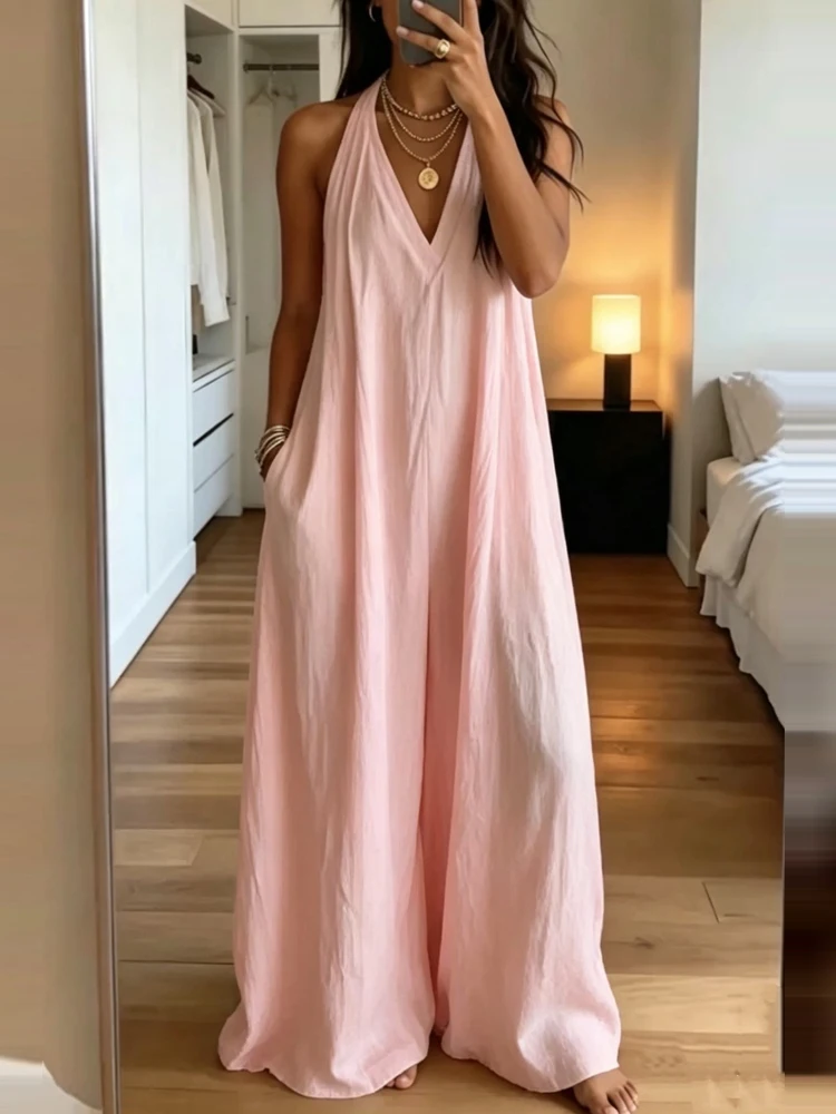 Casual Loose Women's Romper Sexy Ladies V-neck Pocket Wide Leg Pants Playsuit 2026 Summer Vacation Sleeveless Camisole Jumpsuit
Casual Loose Women's Romper Sexy Ladies V-neck Pocket Wide Leg Pants Playsuit 2026 Summer Vacation Sleeveless Camisole Jumpsuit