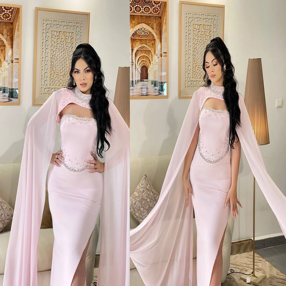Bridal Sleeveless Satin Beaded Crystal Evening Arab Dress Sheath Backless Long Side Slit Prom Gown with Detachable Cape Custom
Bridal Sleeveless Satin Beaded Crystal Evening Arab Dress Sheath Backless Long Side Slit Prom Gown with Detachable Cape Custom