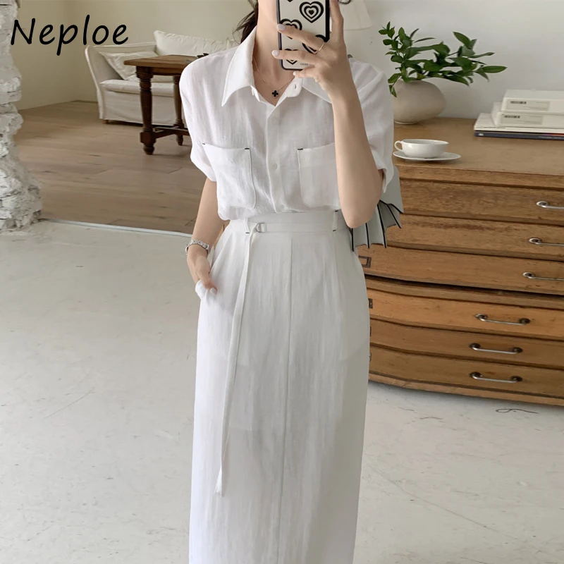 Neploe Simple Lapel Neck Short Sleeve Shirts Women+ Y2k Mid-length Slim Fit Bodycon Skirts 2025 Summer New Two Piece Sets
Neploe Simple Lapel Neck Short Sleeve Shirts Women+ Y2k Mid-length Slim Fit Bodycon Skirts 2025 Summer New Two Piece Sets
