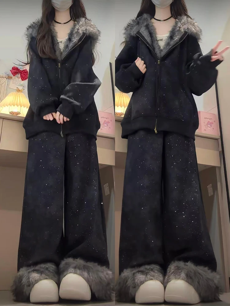 Chic Winter Outfit Large Size Women's Furry Hooded Jacket And Wide Leg Pants Set College Style Warm Thickened Fluffy Coat
Chic Winter Outfit Large Size Women's Furry Hooded Jacket And Wide Leg Pants Set College Style Warm Thickened Fluffy Coat