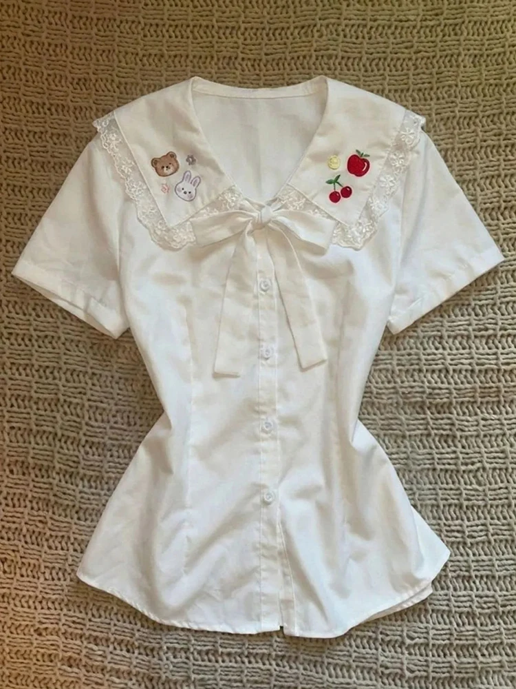 Kawaii Bow White Shirt Women Summer Slim Lace Patchwork Embroidery Cute Blouse Fashion Short Sleeve Female Preppy Style Tops New
Kawaii Bow White Shirt Women Summer Slim Lace Patchwork Embroidery Cute Blouse Fashion Short Sleeve Female Preppy Style Tops New