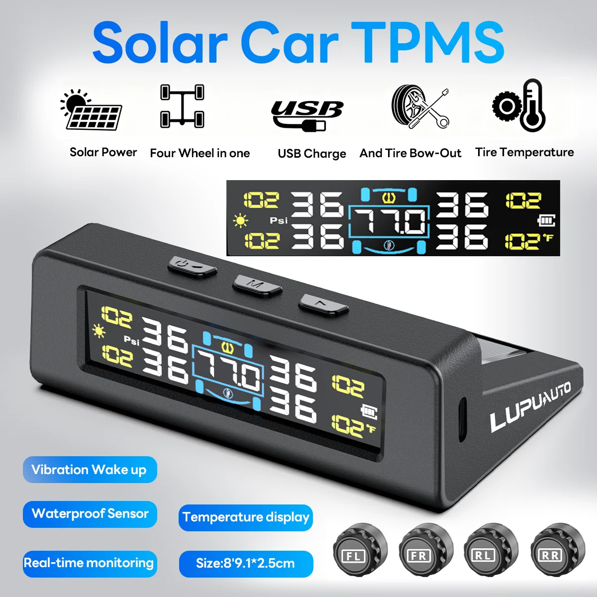 TPMS Solar/USB Charging Digital LCD Display Universal Smart Car TPMS Tyre Pressure Monitoring System 4 Or 6 Sensors Auto Security Alarm Smart Temperature Tire Air Pressure Gauge
TPMS Solar/USB Charging Digital LCD Display Universal Smart Car TPMS Tyre Pressure Monitoring System 4 Or 6 Sensors Auto Security Alarm Smart Temperature Tire Air Pressure Gauge