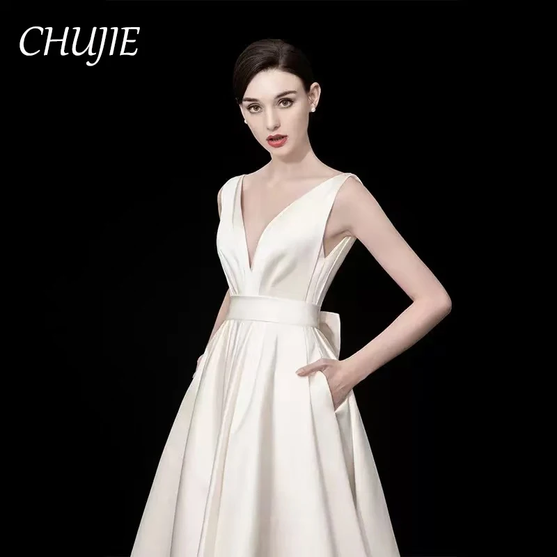 V Neck High Quality Satin Wedding Dresses A Line Pleated Bridal Gowns Customized Ankle Length Guest Party Gowns Vestido de novia
V Neck High Quality Satin Wedding Dresses A Line Pleated Bridal Gowns Customized Ankle Length Guest Party Gowns Vestido de novia