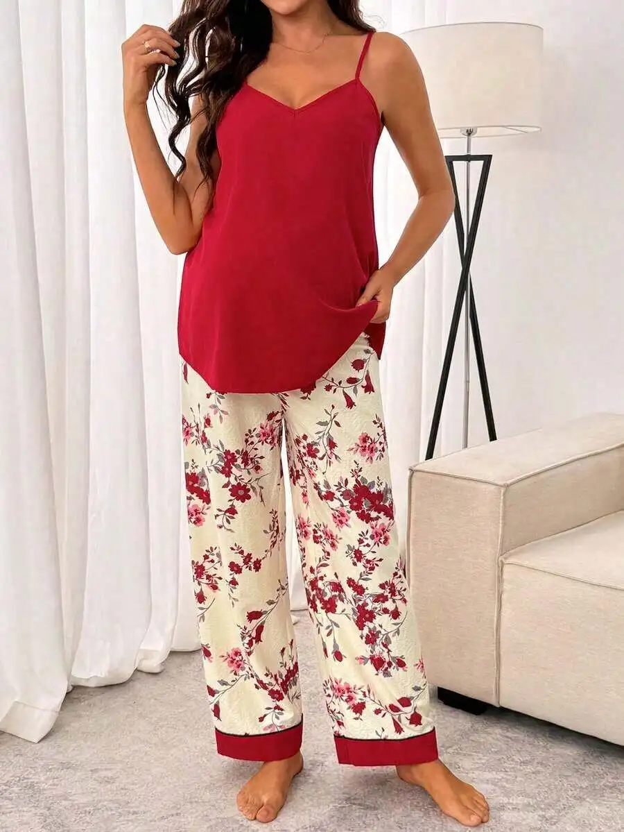 Red Camisole Top And Floral Print Pants Two Piece Pajama Set For Women
Red Camisole Top And Floral Print Pants Two Piece Pajama Set For Women