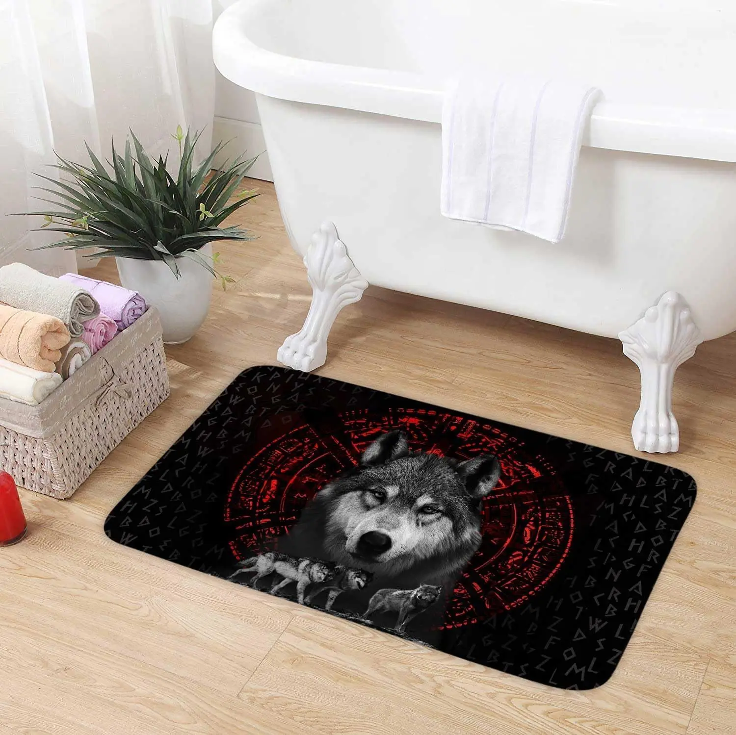 Viking Wild Wolves Bath Mat,Nordic Green Rune Bath Mat, Wolf Shadow Cool Animal Poster Decoration Cool Bath Mat, 17X29IN
Viking Wild Wolves Bath Mat,Nordic Green Rune Bath Mat, Wolf Shadow Cool Animal Poster Decoration Cool Bath Mat, 17X29IN
