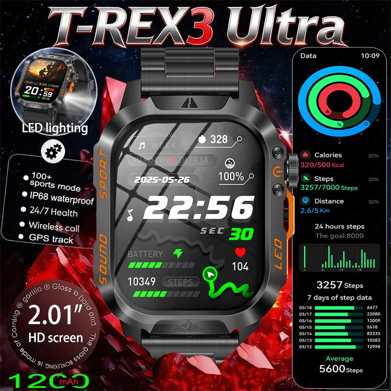 T-REX 3 Military Smartwatch Men 1200mAh Ultra Durable Battery SmartWatch IP68 Waterproof HD Call 100+ Sport Mode LED Flashlight
T-REX 3 Military Smartwatch Men 1200mAh Ultra Durable Battery SmartWatch IP68 Waterproof HD Call 100+ Sport Mode LED Flashlight