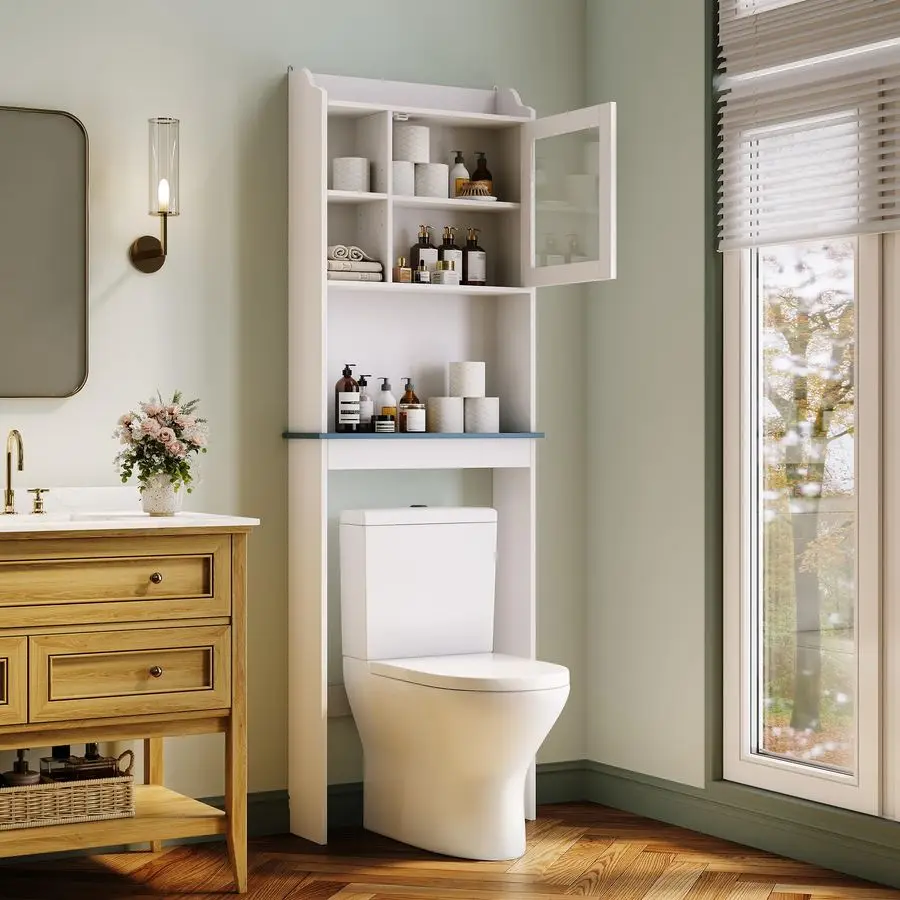 Шкаф для хранения над унитазом с регулируемыми полками и стеклянной дверцей, высокий органайзер для ванной комнаты, экономящий пространство, деревянный стеллаж
Шкаф для хранения над унитазом с регулируемыми полками и стеклянной дверцей, высокий органайзер для ванной комнаты, экономящий пространство, деревянный стеллаж