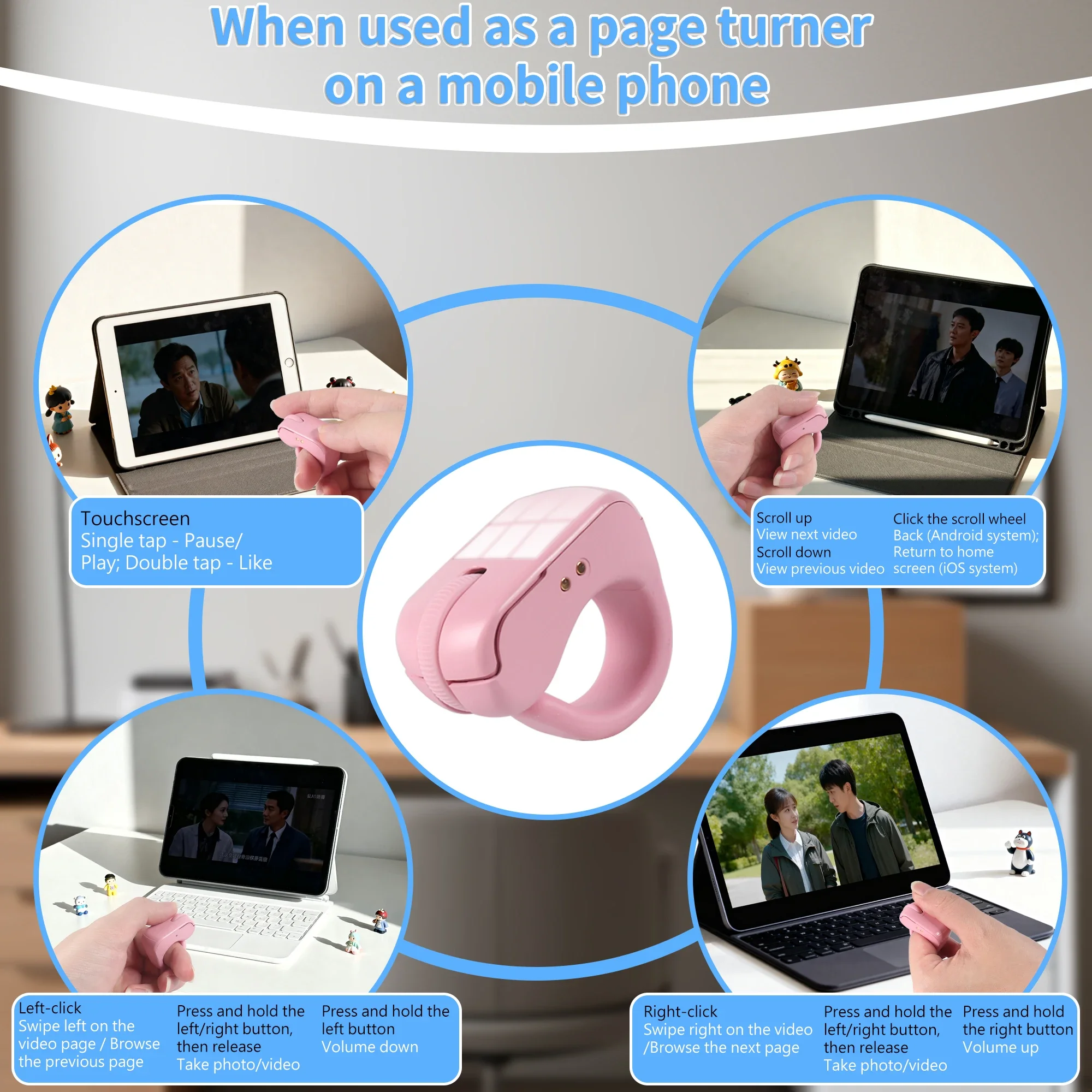 Ring Mouse 2.4G Bluetooth Dual Mode Touchpad Scroll Wheel Rechargeable Video E-book Controller For Laptop PC