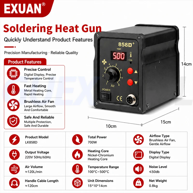 858D Hot Air Gun BGA Soldering Rework Station Blower Hair Dryer Hairdryer Soldering Heat Gun 220V Multifunctional Welding Repair
858D Hot Air Gun BGA Soldering Rework Station Blower Hair Dryer Hairdryer Soldering Heat Gun 220V Multifunctional Welding Repair
