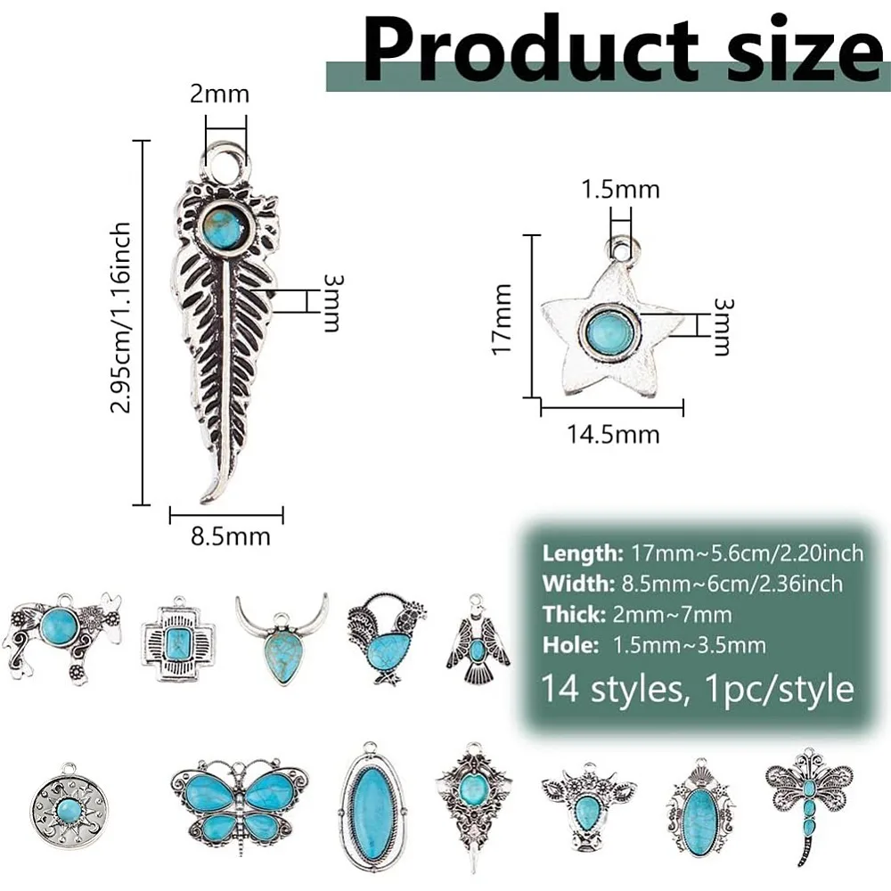 15Pcs 15 Styles Dyed Turquoise Pendants with Alloy Settings Silver Mixed Shapes 17~56x8.5~206x3~7mm Hole: 1.5~3.5mm 1pc/style
15Pcs 15 Styles Dyed Turquoise Pendants with Alloy Settings Silver Mixed Shapes 17~56x8.5~206x3~7mm Hole: 1.5~3.5mm 1pc/style