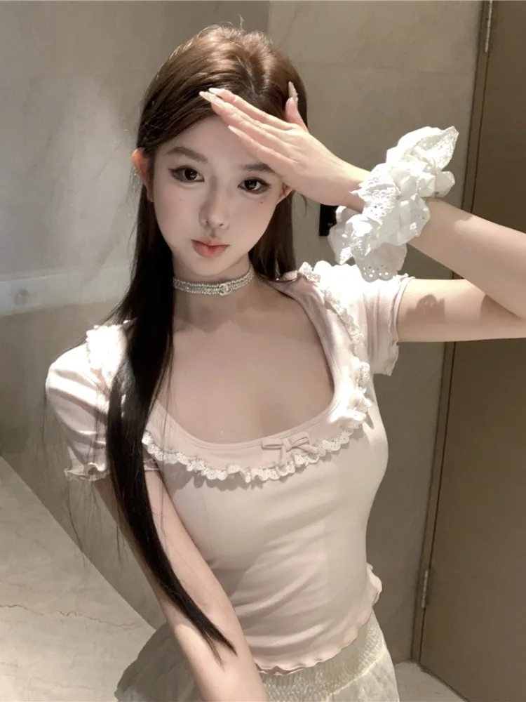 Pure Color Floral Lace Knot Short Sleeve T-Shirt Women's Summer New Tight Shoulder Square Collar Top Sweet Style
Pure Color Floral Lace Knot Short Sleeve T-Shirt Women's Summer New Tight Shoulder Square Collar Top Sweet Style
