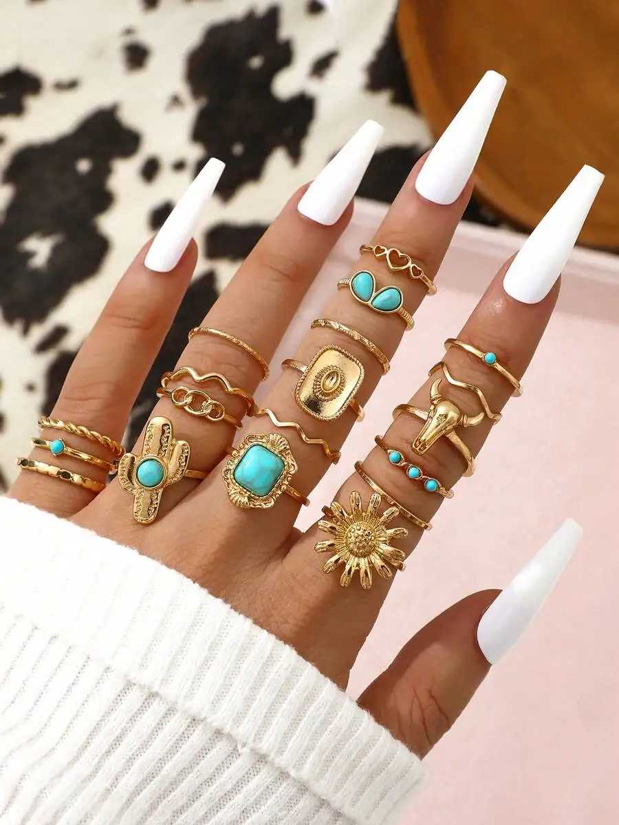 19pcs Western Style Cowgirl Ring Set With Cactus Sunflower Turquoise Inlaid For Women
19pcs Western Style Cowgirl Ring Set With Cactus Sunflower Turquoise Inlaid For Women