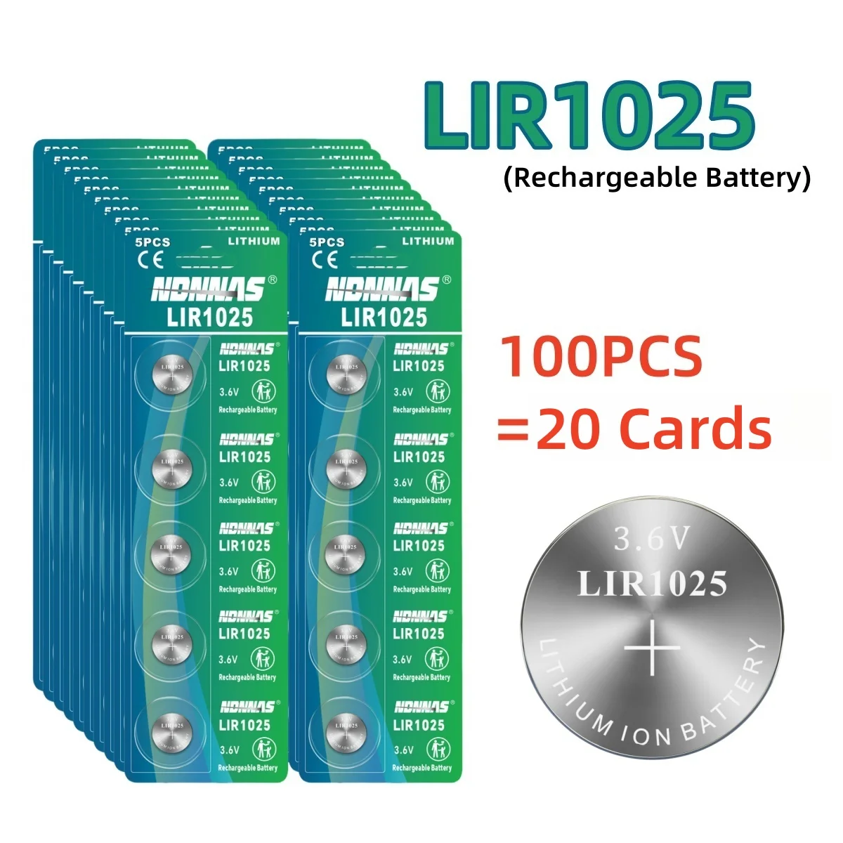 100PCS LIR1025 3.6V Rechargeable Lithium Battery For Bluetooth Earphone Clock Car Remote Round Button Coin Battery
100PCS LIR1025 3.6V Rechargeable Lithium Battery For Bluetooth Earphone Clock Car Remote Round Button Coin Battery