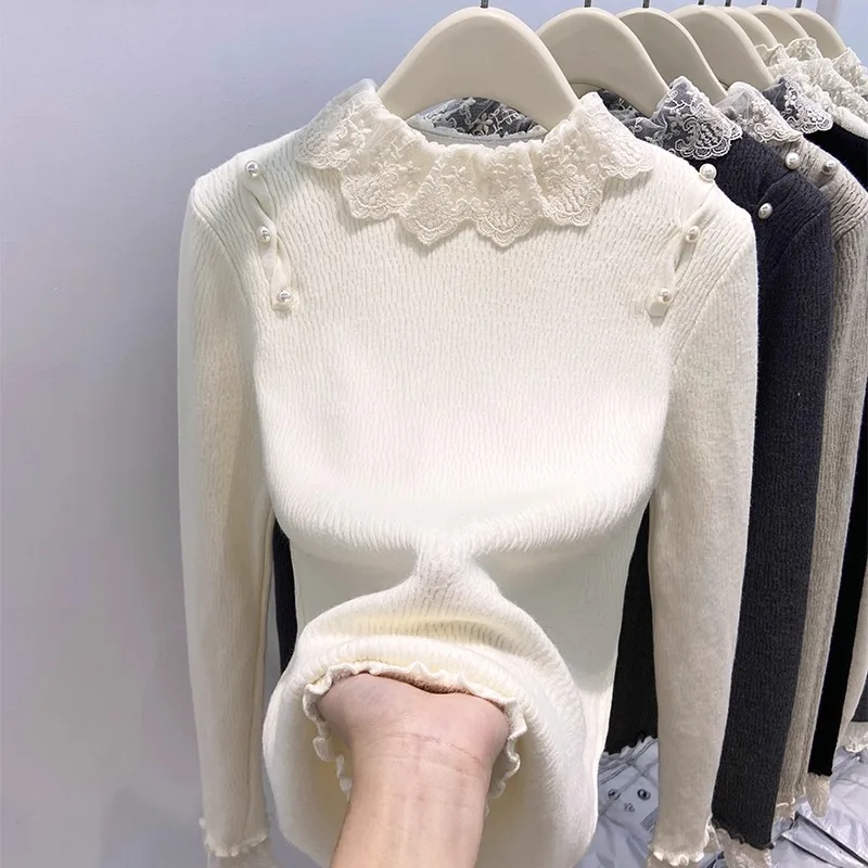 Thiened Lace Splicing Knitted Top Women's Autumn Winter f High Collar Long Sve Inner Wear Fce Lined Base irt
Thiened Lace Splicing Knitted Top Women's Autumn Winter f High Collar Long Sve Inner Wear Fce Lined Base irt