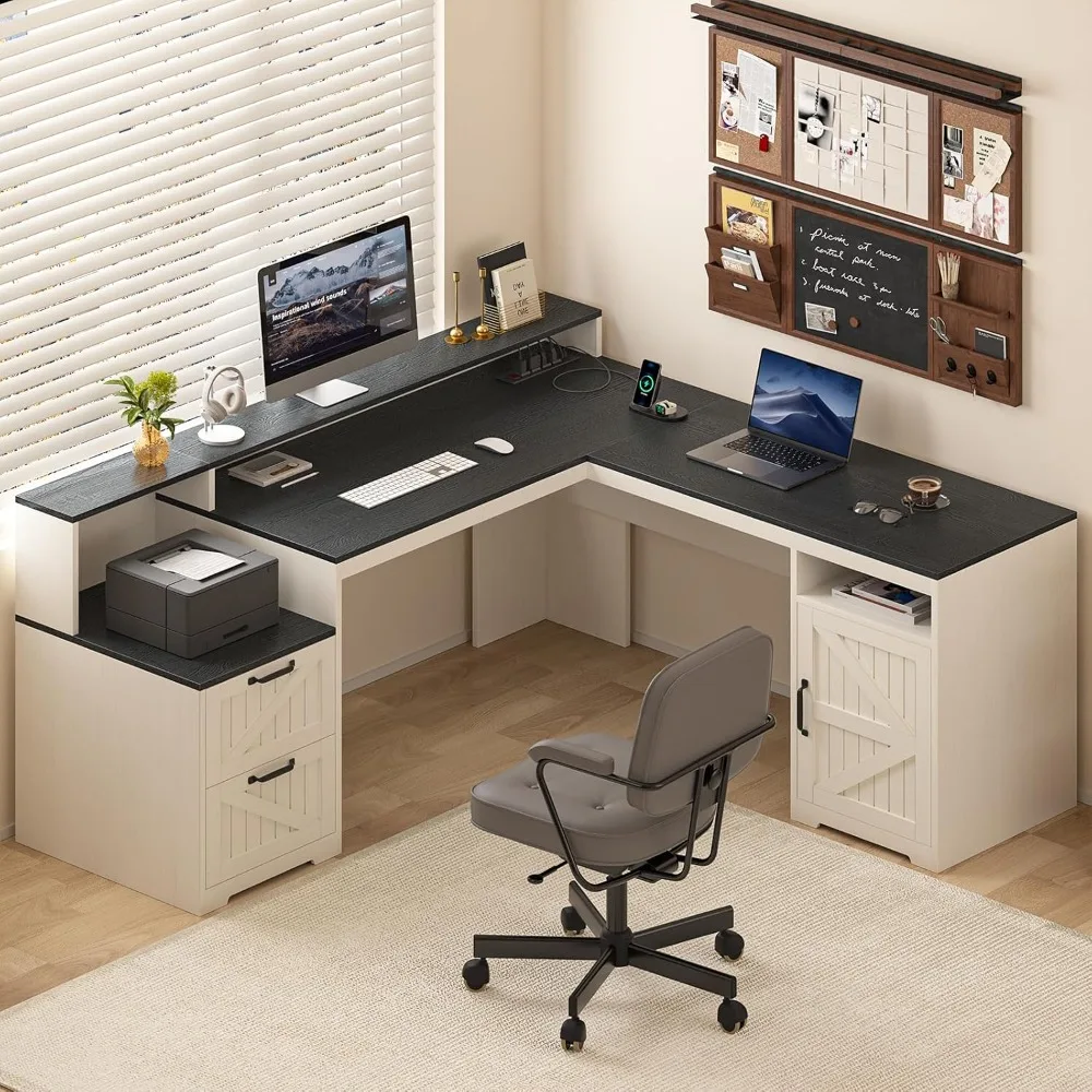 63L administrative desk with drawers and storage shelves, corner computer desk with power outlet, L-shaped desk
63L administrative desk with drawers and storage shelves, corner computer desk with power outlet, L-shaped desk