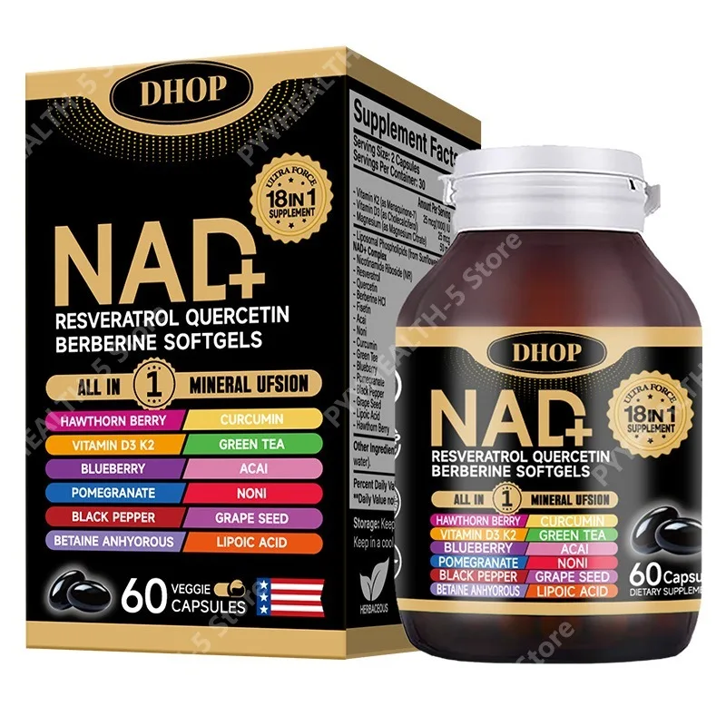 NAD+ Softgels with Resveratrol Quercetin Berberine Softgels 18-in-1 Supplement for Overall Health Support, 60 Capsules
NAD+ Softgels with Resveratrol Quercetin Berberine Softgels 18-in-1 Supplement for Overall Health Support, 60 Capsules