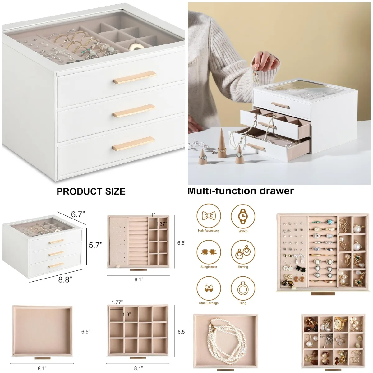 Clear Lid Jewelry Box, 3-Layer Organizer with Drawer, PU Leather, Storage for Rings & Earrings – White
Clear Lid Jewelry Box, 3-Layer Organizer with Drawer, PU Leather, Storage for Rings & Earrings – White