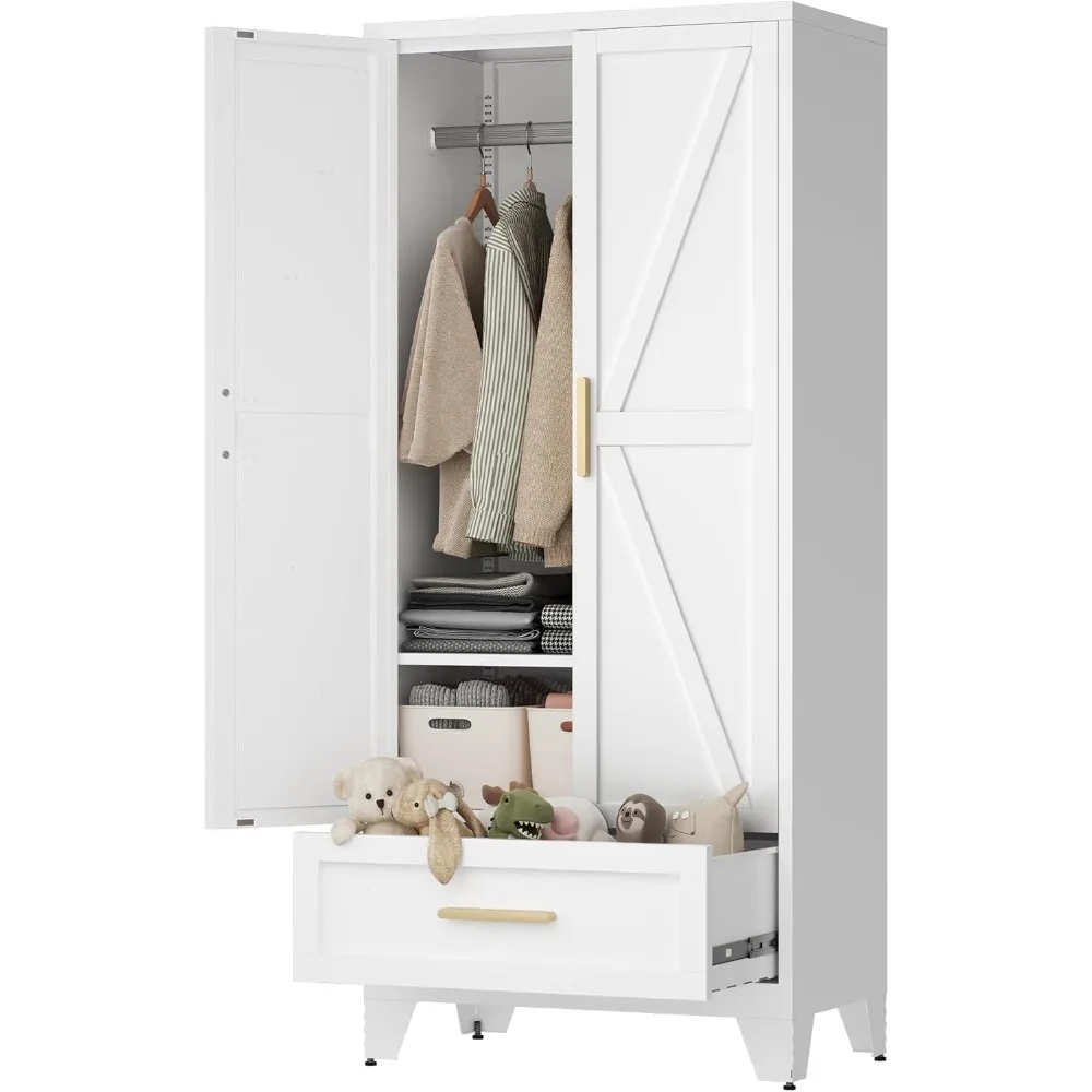 71" Tall Metal Wardrobe Cabinet with Drawer and Hanging Rod, 2 Doors Armoire Wardrobe Closet with Shelf for Bedroom, Office
71" Tall Metal Wardrobe Cabinet with Drawer and Hanging Rod, 2 Doors Armoire Wardrobe Closet with Shelf for Bedroom, Office