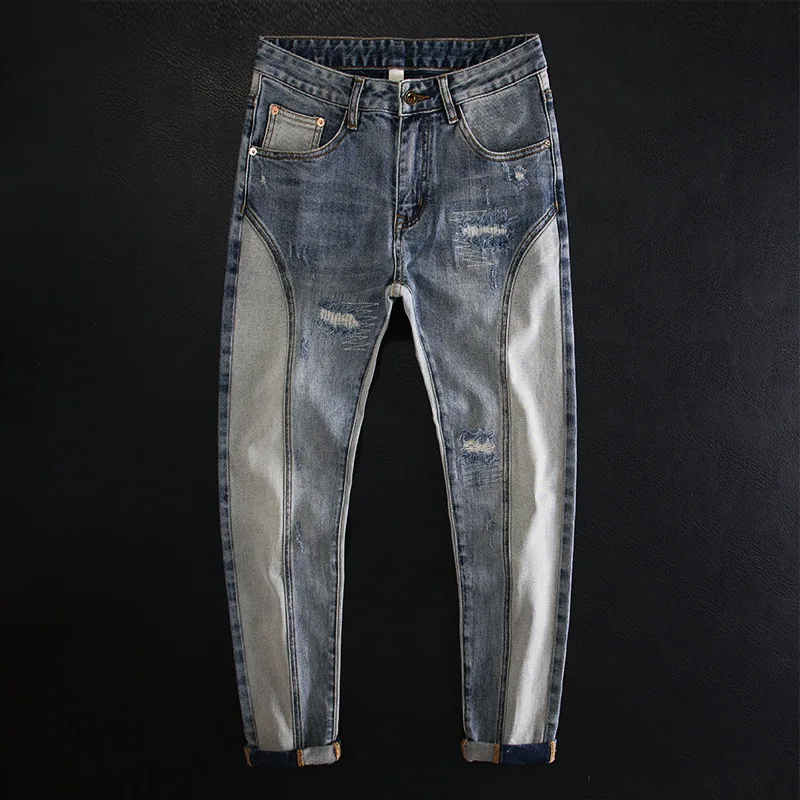 Light Color Ripped Patchwork Color Block Slim Fit Stretch Jeans for Men High-End Motorcycle Style Trendy Pants 
Light Color Ripped Patchwork Color Block Slim Fit Stretch Jeans for Men High-End Motorcycle Style Trendy Pants