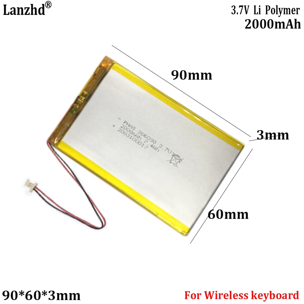 306090 3.7V polymer lithium battery 2000mAh For tablet computer power bank cell ultra-thin wireless keyboard battery
306090 3.7V polymer lithium battery 2000mAh For tablet computer power bank cell ultra-thin wireless keyboard battery
