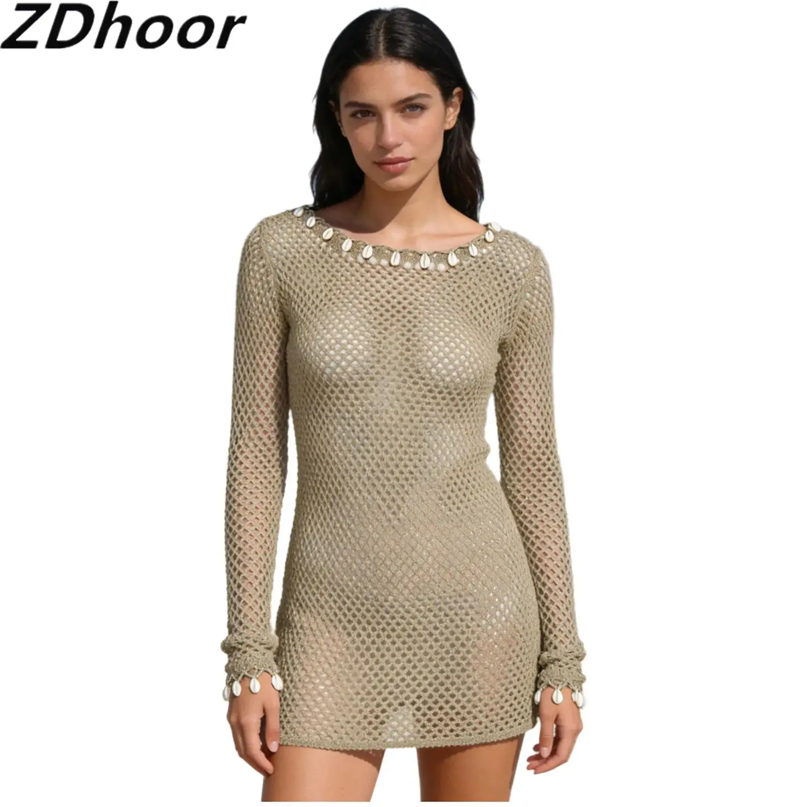 Womens Fishnet Cover Up Dress Conch Shell Decor at Neck And Cuffs Hollow-out Knitted Dress Cover-up Beachwear For Vacation
Womens Fishnet Cover Up Dress Conch Shell Decor at Neck And Cuffs Hollow-out Knitted Dress Cover-up Beachwear For Vacation