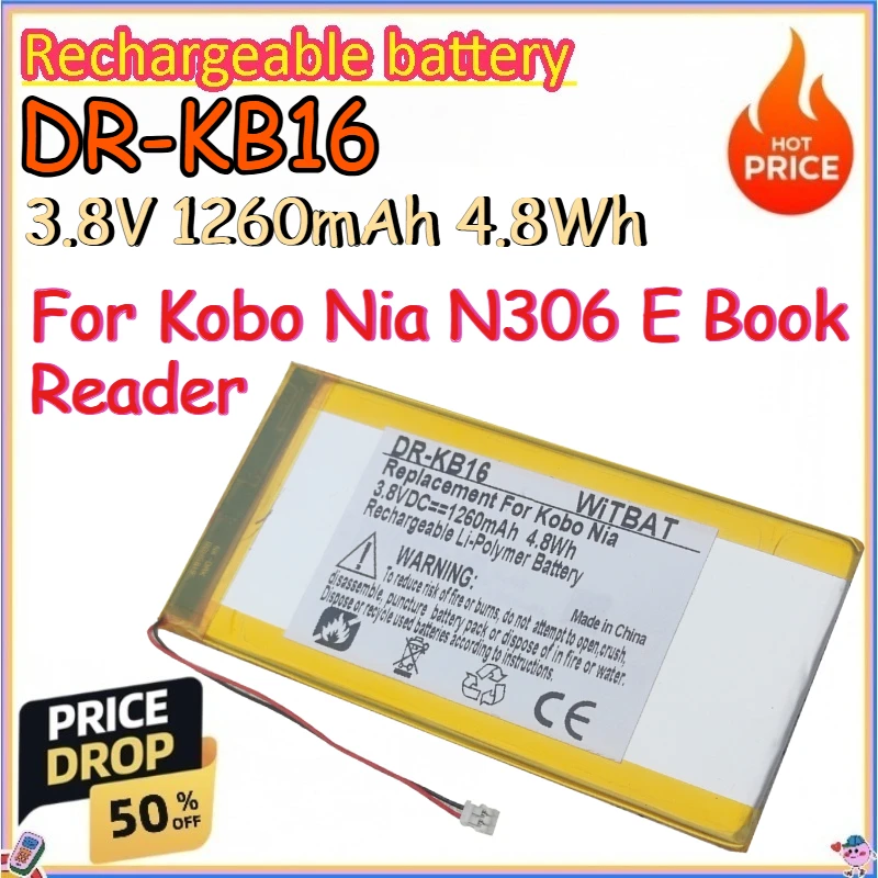 DR-KB16 3.8V 1260mAh 4.8Wh Rechargeable Battery for Kobo Nia N306 E Book Reader Replace Lithium-ion Batteries
DR-KB16 3.8V 1260mAh 4.8Wh Rechargeable Battery for Kobo Nia N306 E Book Reader Replace Lithium-ion Batteries