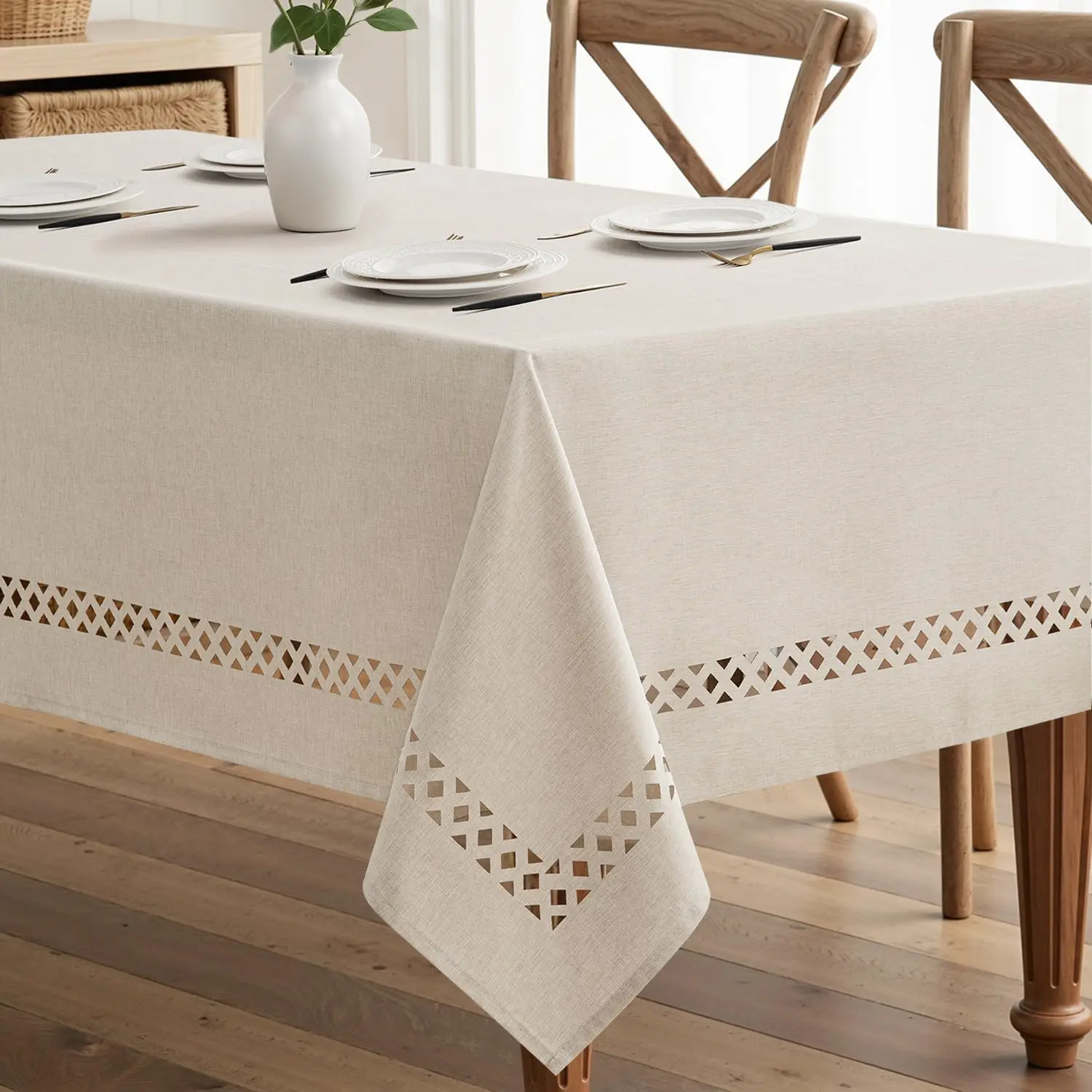 Beige Rectangle Linen Polyester Tablecloth with Decorative Cutouts Spring Waterproof Stain Resistant & Shrink-Proof Tabl
Beige Rectangle Linen Polyester Tablecloth with Decorative Cutouts Spring Waterproof Stain Resistant & Shrink-Proof Tabl