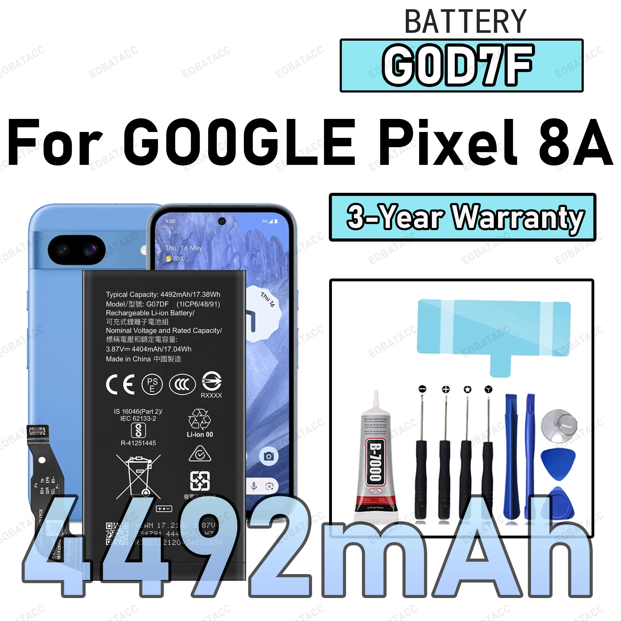 100% New Zero Cycle G0D7F Battery For GOOGLE Pixel 8A Phone Replacement Bateria +Free Tools
100% New Zero Cycle G0D7F Battery For GOOGLE Pixel 8A Phone Replacement Bateria +Free Tools