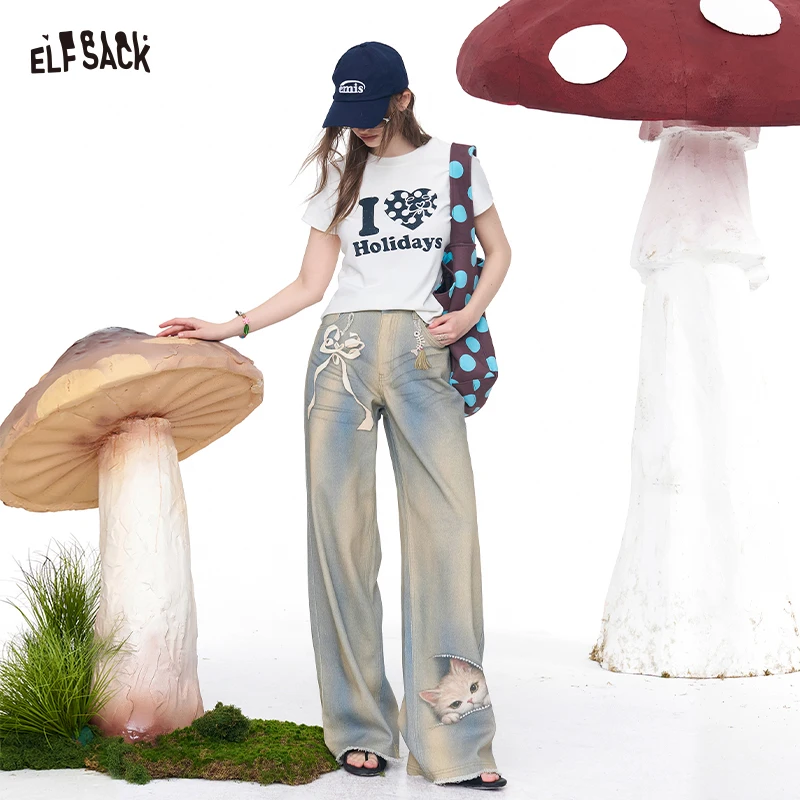 ELFSACK Cool Wide Leg Jeans with Cute Cat and Bow Print, Streetwear Denim Pants for Women's Summer Outfit
ELFSACK Cool Wide Leg Jeans with Cute Cat and Bow Print, Streetwear Denim Pants for Women's Summer Outfit