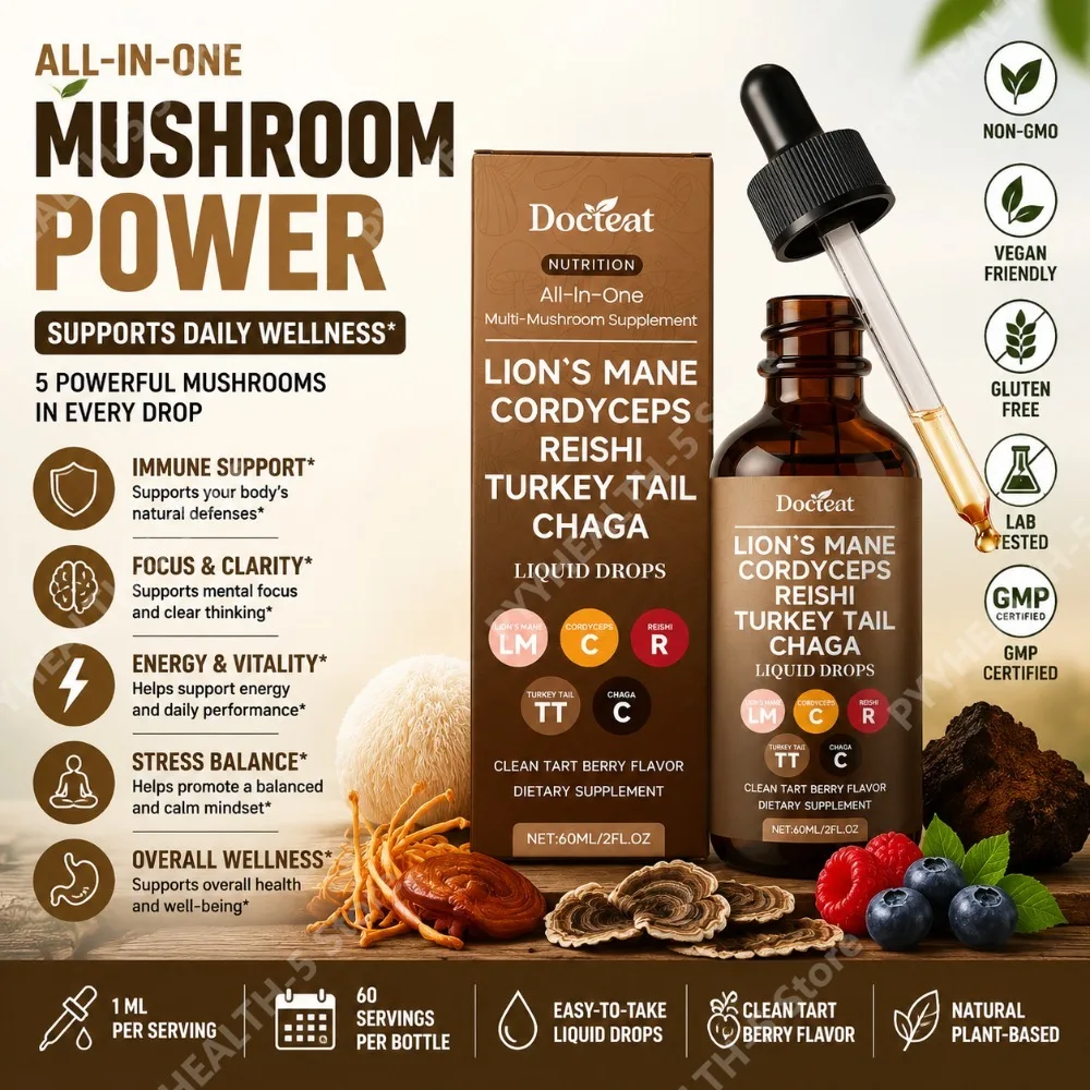 Docteat Multi-Mushroom Liquid Drops, Clean Tart Berry Flavor, Lion's Mane Cordyceps Reishi Turkey Tail, 60 Ml Net, 30 Servings
Docteat Multi-Mushroom Liquid Drops, Clean Tart Berry Flavor, Lion's Mane Cordyceps Reishi Turkey Tail, 60 Ml Net, 30 Servings