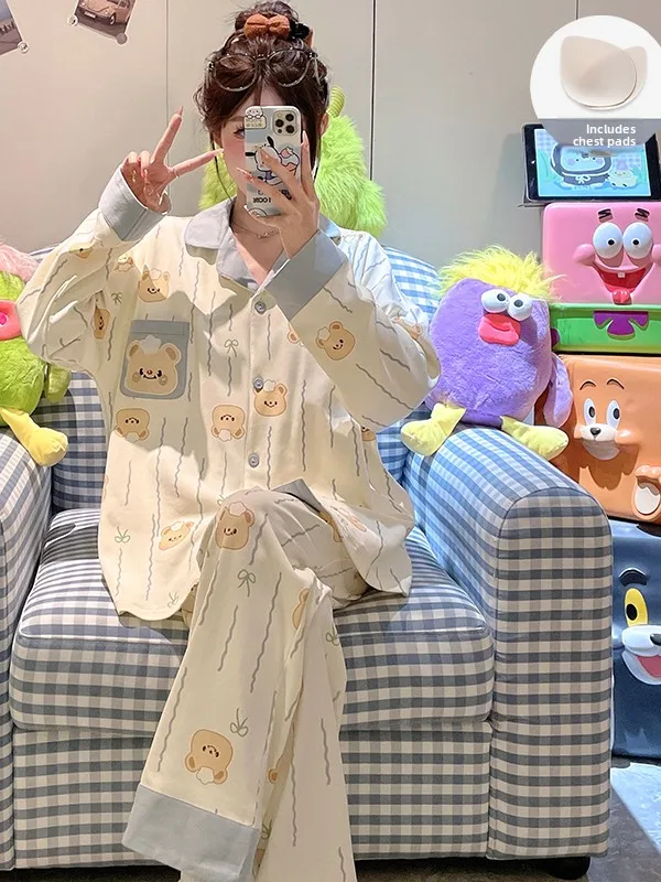 Spring Autumn Long Sleeve Women's Sleepwear Set with Chest Pad Cute Cartoon Bear Design Comfortable Home Clothes Ensemble
Spring Autumn Long Sleeve Women's Sleepwear Set with Chest Pad Cute Cartoon Bear Design Comfortable Home Clothes Ensemble