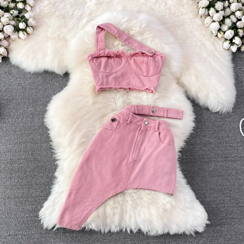 Strapless Sling Tops Sexy Spicy Girl Two Piece Sets Women Fashion Irregular High Waist Skirts 2025 Summer New Suit 
Strapless Sling Tops Sexy Spicy Girl Two Piece Sets Women Fashion Irregular High Waist Skirts 2025 Summer New Suit