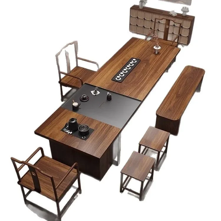 New Chinese walnut tea table and chair combination, simple and modern large solid wood tea table
New Chinese walnut tea table and chair combination, simple and modern large solid wood tea table