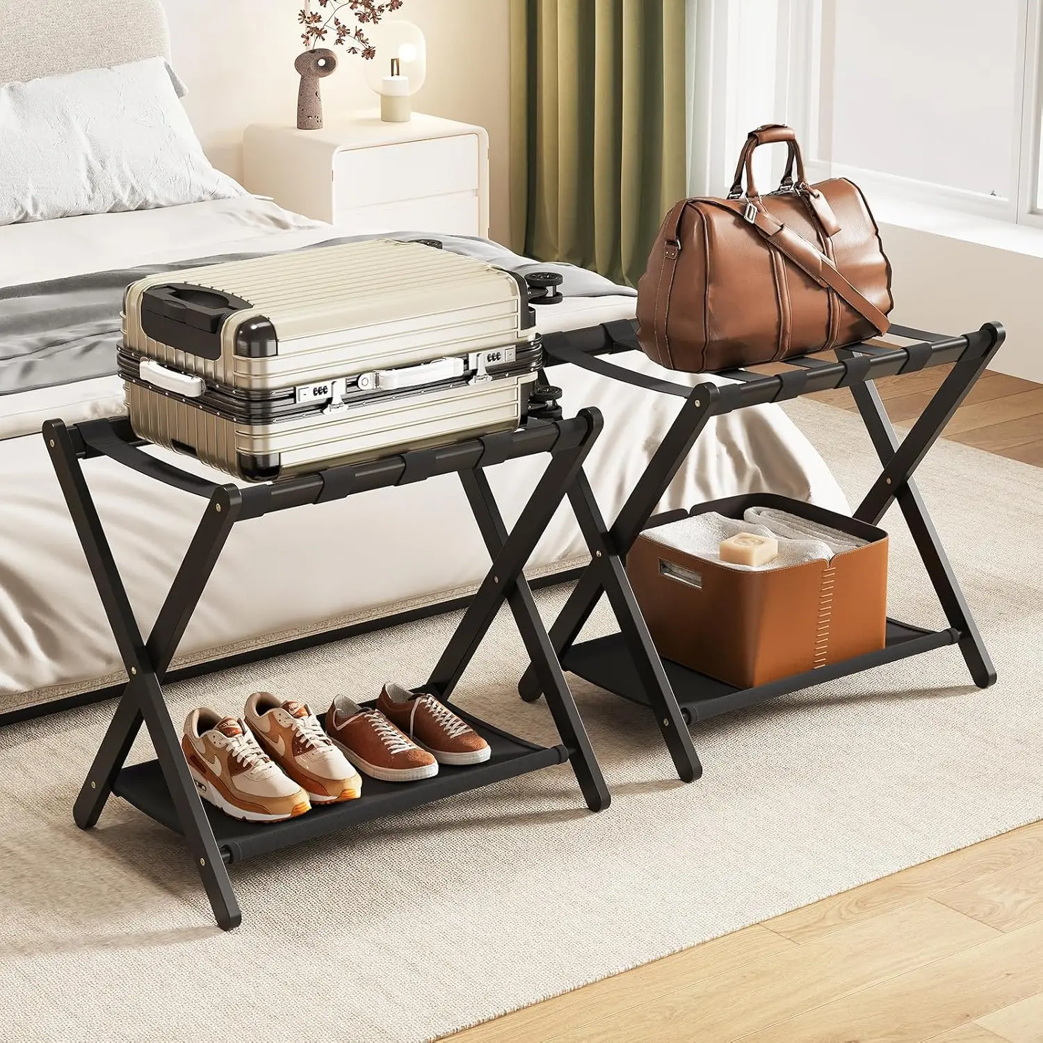 Bamboo Luggage Rack Set of 2, Fully Assembled Suitcase Stand with Fabric Storage Shelf, Holds 165 lb, Black
Bamboo Luggage Rack Set of 2, Fully Assembled Suitcase Stand with Fabric Storage Shelf, Holds 165 lb, Black